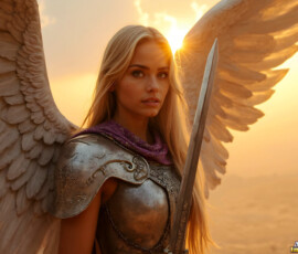 AI-generated holy archangel art — beautiful divine female angels with massive feathered wings and golden halos in cinematic celestial settings. UHD by Jeff Dupler.