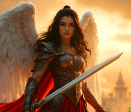 AI-generated holy archangel art — beautiful divine female angels with massive feathered wings and golden halos in cinematic celestial settings. UHD by Jeff Dupler.