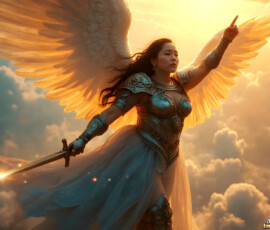 AI-generated holy archangel art — beautiful divine female angels with massive feathered wings and golden halos in cinematic celestial settings. UHD by Jeff Dupler.