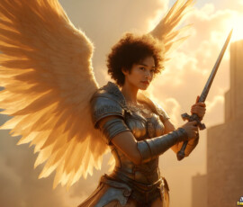 AI-generated holy archangel art — beautiful divine female angels with massive feathered wings and golden halos in cinematic celestial settings. UHD by Jeff Dupler.