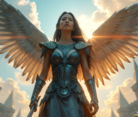 AI-generated holy archangel art — beautiful divine female angels with massive feathered wings and golden halos in cinematic celestial settings. UHD by Jeff Dupler.
