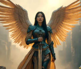 AI-generated holy archangel art — beautiful divine female angels with massive feathered wings and golden halos in cinematic celestial settings. UHD by Jeff Dupler.
