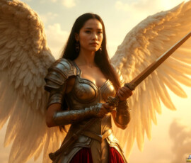 AI-generated holy archangel art — beautiful divine female angels with massive feathered wings and golden halos in cinematic celestial settings. UHD by Jeff Dupler.