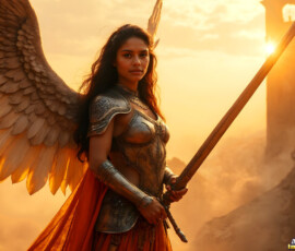 AI-generated holy archangel art — beautiful divine female angels with massive feathered wings and golden halos in cinematic celestial settings. UHD by Jeff Dupler.