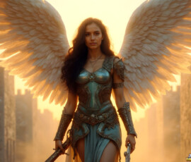 AI-generated holy archangel art — beautiful divine female angels with massive feathered wings and golden halos in cinematic celestial settings. UHD by Jeff Dupler.