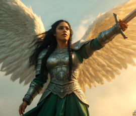 AI-generated holy archangel art — beautiful divine female angels with massive feathered wings and golden halos in cinematic celestial settings. UHD by Jeff Dupler.