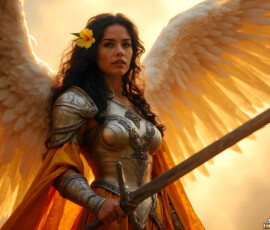 AI-generated holy archangel art — beautiful divine female angels with massive feathered wings and golden halos in cinematic celestial settings. UHD by Jeff Dupler.