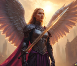 AI-generated holy archangel art — beautiful divine female angels with massive feathered wings and golden halos in cinematic celestial settings. UHD by Jeff Dupler.