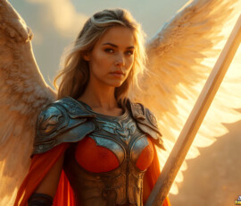 AI-generated holy archangel art — beautiful divine female angels with massive feathered wings and golden halos in cinematic celestial settings. UHD by Jeff Dupler.