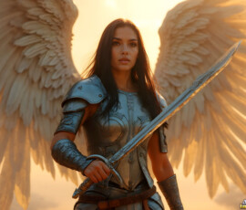 AI-generated holy archangel art — beautiful divine female angels with massive feathered wings and golden halos in cinematic celestial settings. UHD by Jeff Dupler.