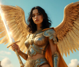 AI-generated holy archangel art — beautiful divine female angels with massive feathered wings and golden halos in cinematic celestial settings. UHD by Jeff Dupler.