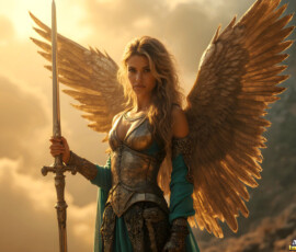 AI-generated holy archangel art — beautiful divine female angels with massive feathered wings and golden halos in cinematic celestial settings. UHD by Jeff Dupler.