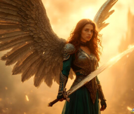 AI-generated holy archangel art — beautiful divine female angels with massive feathered wings and golden halos in cinematic celestial settings. UHD by Jeff Dupler.