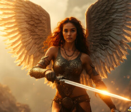 AI-generated holy archangel art — beautiful divine female angels with massive feathered wings and golden halos in cinematic celestial settings. UHD by Jeff Dupler.