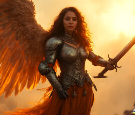 AI-generated holy archangel art — beautiful divine female angels with massive feathered wings and golden halos in cinematic celestial settings. UHD by Jeff Dupler.