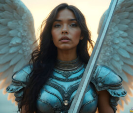 AI-generated holy archangel art — beautiful divine female angels with massive feathered wings and golden halos in cinematic celestial settings. UHD by Jeff Dupler.