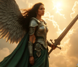 AI-generated holy archangel art — beautiful divine female angels with massive feathered wings and golden halos in cinematic celestial settings. UHD by Jeff Dupler.