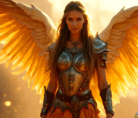 AI-generated holy archangel art — beautiful divine female angels with massive feathered wings and golden halos in cinematic celestial settings. UHD by Jeff Dupler.