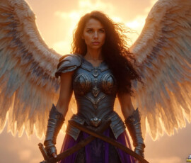 AI-generated holy archangel art — beautiful divine female angels with massive feathered wings and golden halos in cinematic celestial settings. UHD by Jeff Dupler.