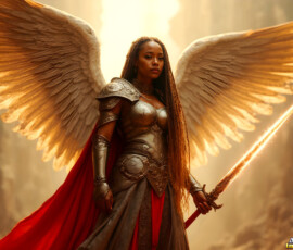 AI-generated holy archangel art — beautiful divine female angels with massive feathered wings and golden halos in cinematic celestial settings. UHD by Jeff Dupler.