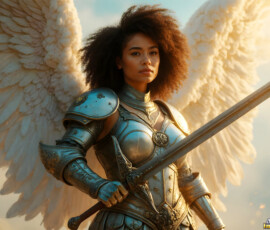 AI-generated holy archangel art — beautiful divine female angels with massive feathered wings and golden halos in cinematic celestial settings. UHD by Jeff Dupler.
