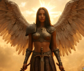 AI-generated holy archangel art — beautiful divine female angels with massive feathered wings and golden halos in cinematic celestial settings. UHD by Jeff Dupler.