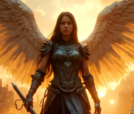 AI-generated holy archangel art — beautiful divine female angels with massive feathered wings and golden halos in cinematic celestial settings. UHD by Jeff Dupler.