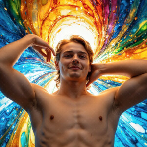 AI-generated abstract art of handsome men controlling swirling vortexes of colorful fluid and water in motion. Dynamic, surreal, vivid digital male art by Jeff Dupler.