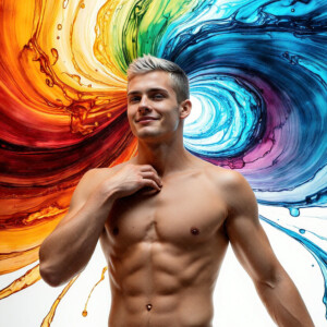 AI-generated abstract art of handsome men controlling swirling vortexes of colorful fluid and water in motion. Dynamic, surreal, vivid digital male art by Jeff Dupler.
