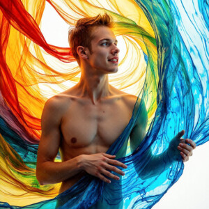 AI-generated abstract art of handsome men controlling swirling vortexes of colorful fluid and water in motion. Dynamic, surreal, vivid digital male art by Jeff Dupler.