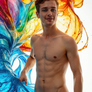 AI-generated abstract art of handsome men controlling swirling vortexes of colorful fluid and water in motion. Dynamic, surreal, vivid digital male art by Jeff Dupler.