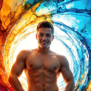 AI-generated abstract art of handsome men controlling swirling vortexes of colorful fluid and water in motion. Dynamic, surreal, vivid digital male art by Jeff Dupler.