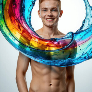 AI-generated abstract art of handsome men controlling swirling vortexes of colorful fluid and water in motion. Dynamic, surreal, vivid digital male art by Jeff Dupler.