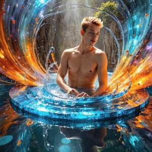 AI-generated abstract art of handsome men controlling swirling vortexes of colorful fluid and water in motion. Dynamic, surreal, vivid digital male art by Jeff Dupler.