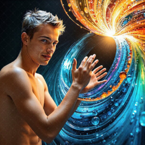 AI-generated abstract art of handsome men controlling swirling vortexes of colorful fluid and water in motion. Dynamic, surreal, vivid digital male art by Jeff Dupler.