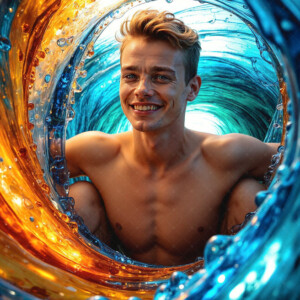 AI-generated abstract art of handsome men controlling swirling vortexes of colorful fluid and water in motion. Dynamic, surreal, vivid digital male art by Jeff Dupler.