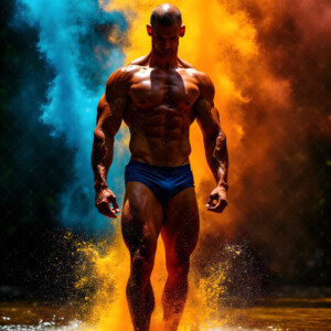 AI-generated abstract art of handsome men controlling swirling vortexes of colorful fluid and water in motion. Dynamic, surreal, vivid digital male art by Jeff Dupler.