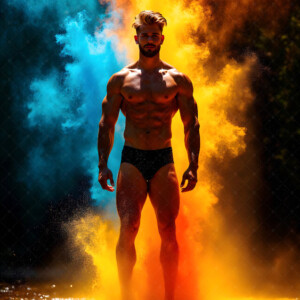 AI-generated abstract art of handsome men controlling swirling vortexes of colorful fluid and water in motion. Dynamic, surreal, vivid digital male art by Jeff Dupler.