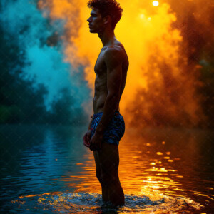 AI-generated abstract art of handsome men controlling swirling vortexes of colorful fluid and water in motion. Dynamic, surreal, vivid digital male art by Jeff Dupler.