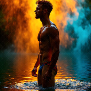 AI-generated abstract art of handsome men controlling swirling vortexes of colorful fluid and water in motion. Dynamic, surreal, vivid digital male art by Jeff Dupler.