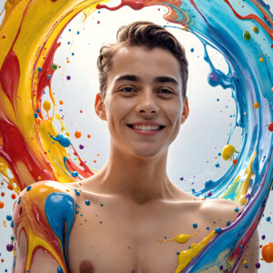 AI-generated abstract art of handsome men controlling swirling vortexes of colorful fluid and water in motion. Dynamic, surreal, vivid digital male art by Jeff Dupler.