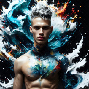 AI-generated abstract art of handsome men controlling swirling vortexes of colorful fluid and water in motion. Dynamic, surreal, vivid digital male art by Jeff Dupler.