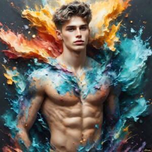 AI-generated abstract art of handsome men controlling swirling vortexes of colorful fluid and water in motion. Dynamic, surreal, vivid digital male art by Jeff Dupler.