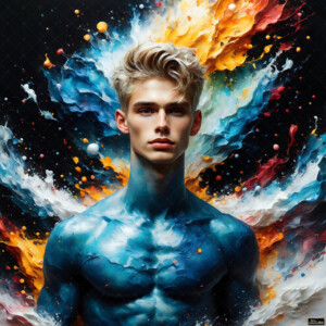 AI-generated abstract art of handsome men controlling swirling vortexes of colorful fluid and water in motion. Dynamic, surreal, vivid digital male art by Jeff Dupler.