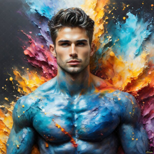 AI-generated abstract art of handsome men controlling swirling vortexes of colorful fluid and water in motion. Dynamic, surreal, vivid digital male art by Jeff Dupler.