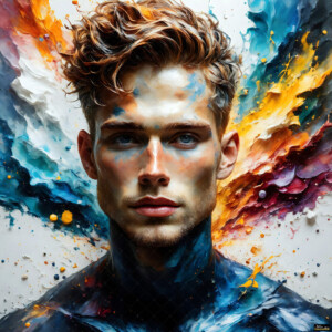 AI-generated abstract art of handsome men controlling swirling vortexes of colorful fluid and water in motion. Dynamic, surreal, vivid digital male art by Jeff Dupler.