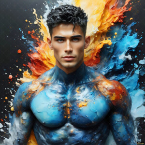 AI-generated abstract art of handsome men controlling swirling vortexes of colorful fluid and water in motion. Dynamic, surreal, vivid digital male art by Jeff Dupler.