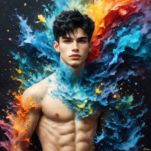 AI-generated abstract art of handsome men controlling swirling vortexes of colorful fluid and water in motion. Dynamic, surreal, vivid digital male art by Jeff Dupler.