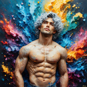 AI-generated abstract art of handsome men controlling swirling vortexes of colorful fluid and water in motion. Dynamic, surreal, vivid digital male art by Jeff Dupler.
