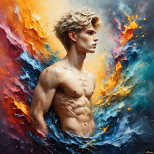 AI-generated abstract art of handsome men controlling swirling vortexes of colorful fluid and water in motion. Dynamic, surreal, vivid digital male art by Jeff Dupler.